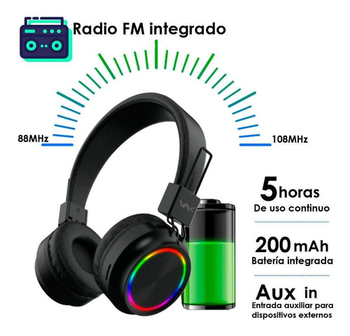 Audifonos Vak 2026 Bluetooth Fm Entrada Sd Aux Diadema Led