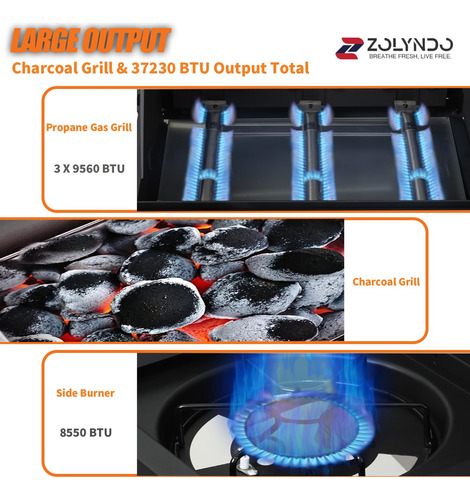 Zolyndo Propane Gas And Charcoal Grill Combo With Side