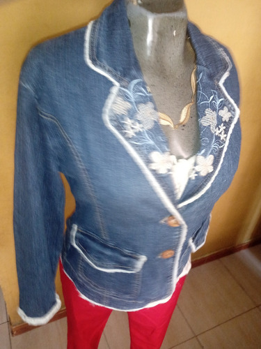 Chaqueta De Dama En Tela De Jeans Bordado De Flores Talla L