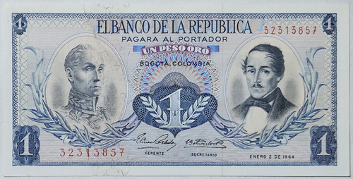 Billete 1 Peso 02/ene/1964 Colombia Unc