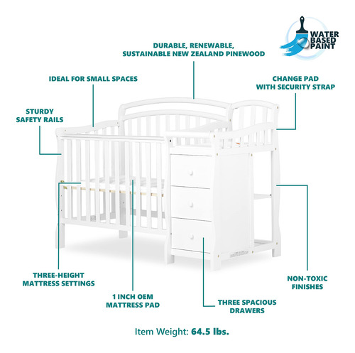 Mini Cuna 3 En 1 Blanca, Cambiador Y Ajustable En Altura