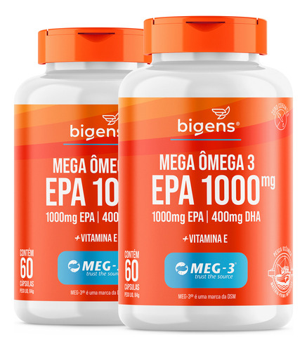 Kit 2x mega omega 3 Meg-3 Epa 1000mg Dha 400mg 60 Cápsulas Bigens