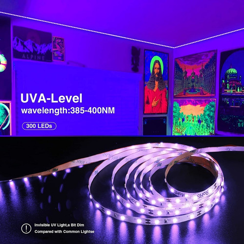 Imagen 3 de 5 de Cinta Led 12v Uv Negra Fluor Adhesiva 5mts + Adactador 220v