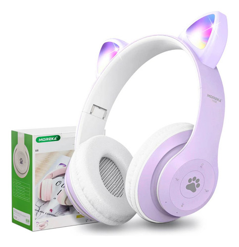 Audifonos Orejas De Gato Bluetooth 5.1 Led Diadema Ninos Color Violeta