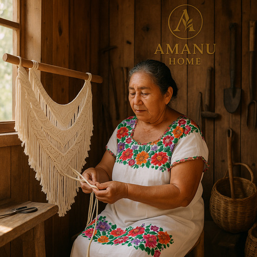 Colgante De Macramé Artesanal Yucateco - Hecho A Mano Beige Rayas