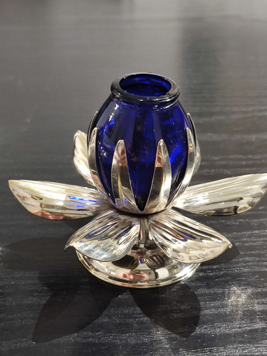 Portavelas Eberle Silver Plate Y Vidrio En Azul Cobalto. 