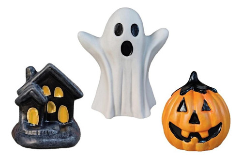 Trio Fantasma Casinha Abobora Miniatura Decoração Halloween