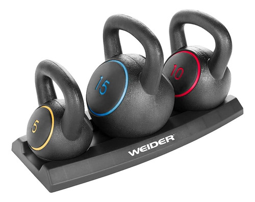 Set Pesas Rusas 5, 10, 15 Lb Weider Con Base Kettlebbell Color Negro