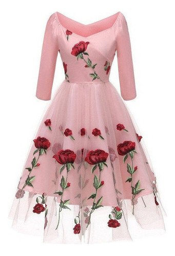 Vestido De Mujer De Malla Bordada Rosa Para Mujer D