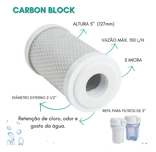 Kit 10 Filtro Em Carbon Block 5'' X 2 1/2 5 Micra Cor Cinza