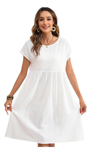 Elegante Vestido Corto Holgado Con Cuello En O Liso