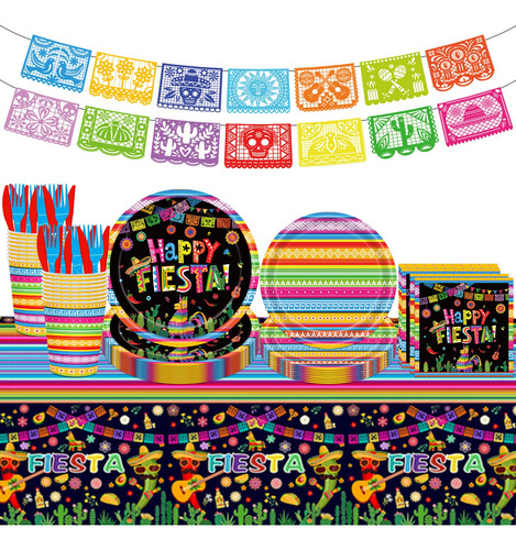 98 Piezas De Suministros Para Fiesta Mexicana, Platos Y Serv