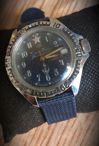 Relógio Vostok Boctok Komandirskie, Submarino Azul Prateado Azul (Usado)