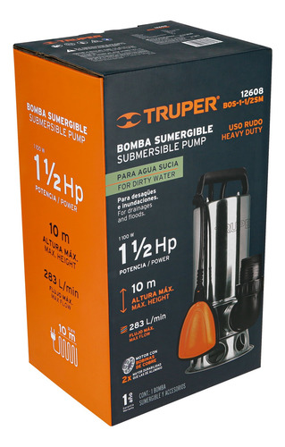 Bomba Sumergible Acero Inoxidable,agua Sucia,1-1/2hp, Truper