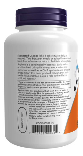 Supplement Now L-arginina, 1000 Mg, Precursor De Óxido Nítri