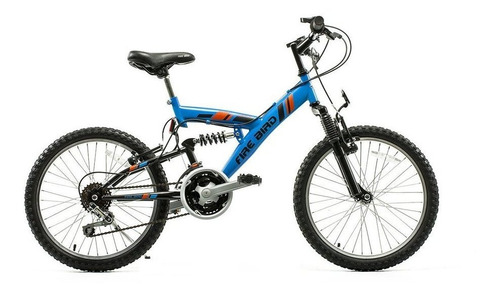 Imagen 1 de 1 de Mountain bike infantil Fire Bird Doble suspensión R20 18v frenos v-brakes color azul con pie de apoyo  