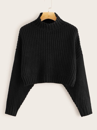 Sweater Cropped Negro Lineas Cuello Mock Shein 