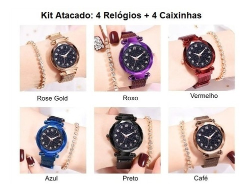 4 Relógio Feminino Pulseira Magnética Céu Atacado + Caixinha