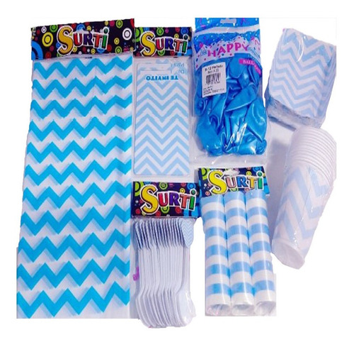 Decoración Fiesta Chevron Azul Cielo Lineas Set X36 + Regalo