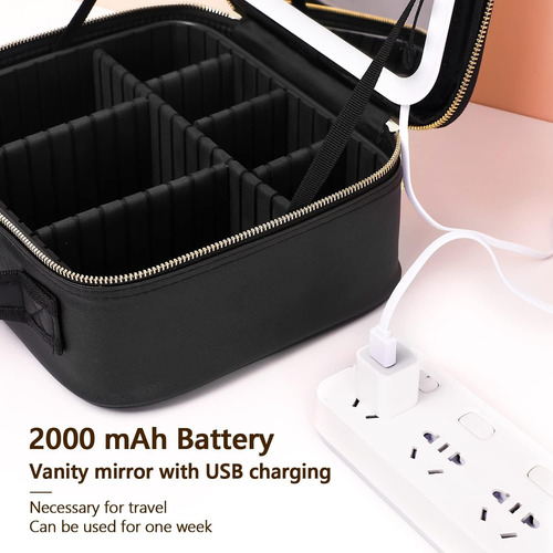 Bolsa De Cosméticos De Viaje Con Espejo Led 3 Tonos De Luz Negro