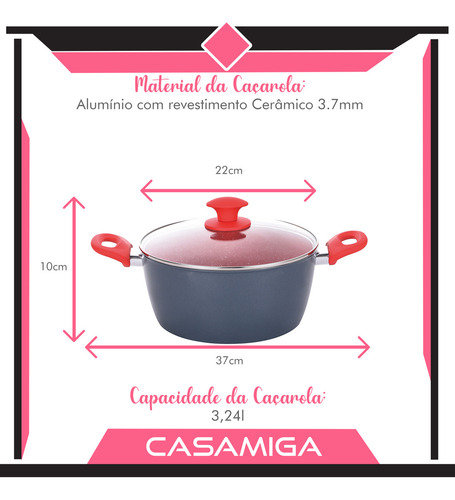 Caçarola Indução Cerâmica 3,7mm 22cm Antiaderente Onix Cor Cinza