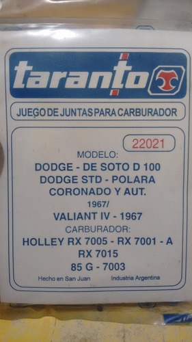 Kit Juntas Para Carburador Dodge Polara Coronado Valiant