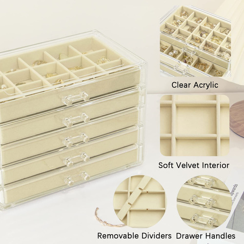 Caja Organizadora De Joyas Transparente Con 5 Cajones Y 20 B