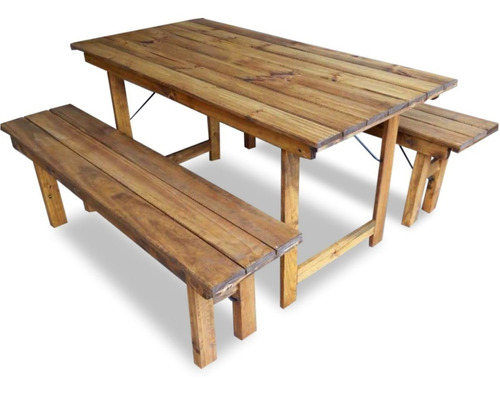 Mesa De Madera Plegable Pino 2m Quincho + 2 Bancos 18 Cuota