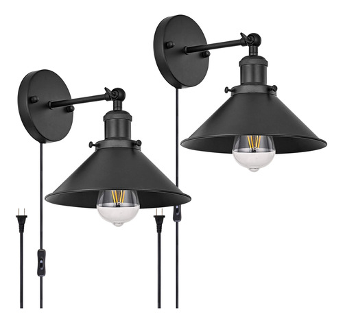 2 Luz Pared Industrial Vintage Enchufe Negro Mate Aplique