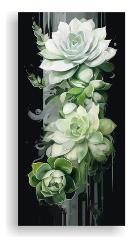 100x50cm Cuadro Moderno Suculentas Verde Y Blanco Flores
