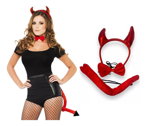 Diadema Diabla Cuernos + Cola + Corbatin Demonio Halloween Disfraz diablo