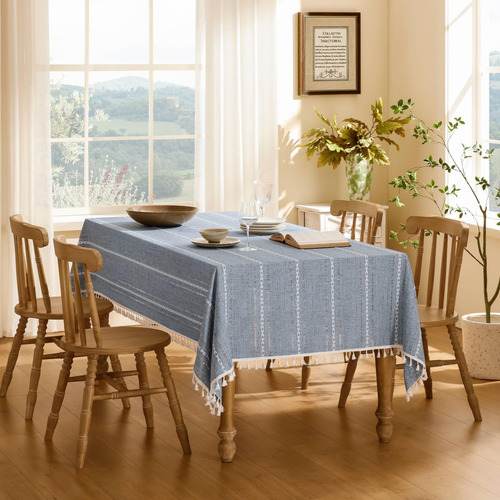 Mantel Zeemart Bordado Con Dobladillo A Rayas, Color Azul Bo