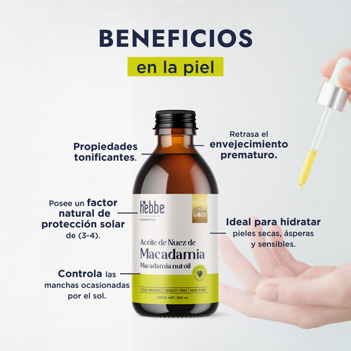 Aceite De Nuez De Macadamia Tratamiento capilar Reparador natural 100% puro prensado en frio Hebbe Cosmetics & Ludika 250ml