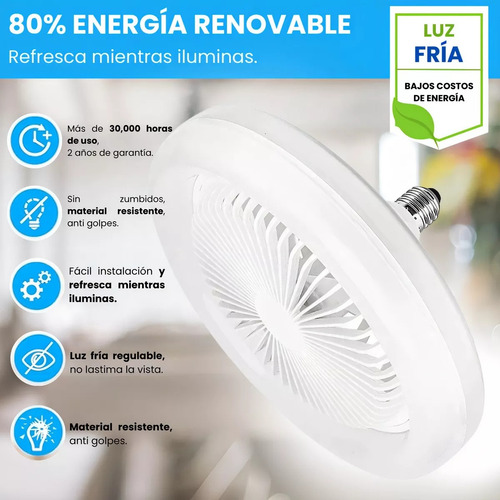 Ventilador Techo Abanico Socket Fijo E27 Luz Led 3 Tonos