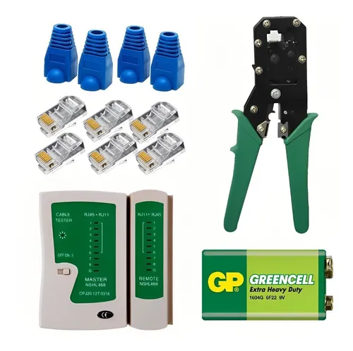 Ponchadora Rj45+pelacable+tester De Red+10 Plug Y Botas Rj45