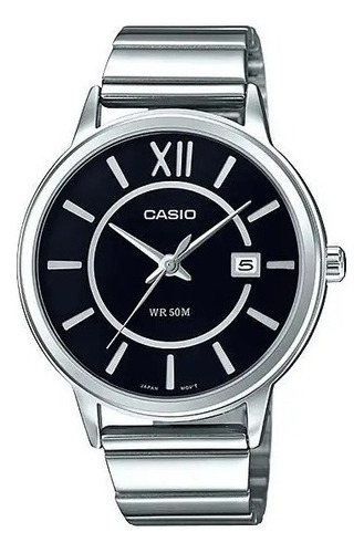 Reloj Casio Mtp-e134d-8 Calendario Wr50m Metal Color De La Malla Plateado Color Del Bisel Plateado Color Del Fondo Negro