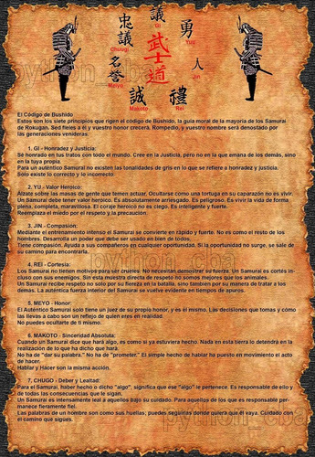 Póster Pergamino Código Samurai Bushido 7 Virtudes