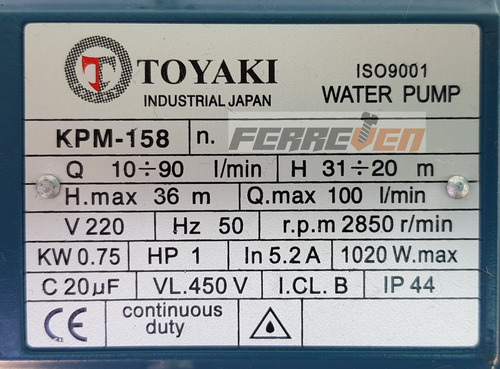Bomba De Agua Periferica 1 Hp 1 X 1 Toyaki