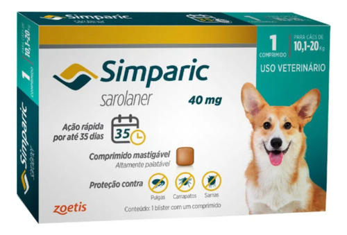 Simparic Antipulgas 40mg 10 A 20kg Cães 1 Comprimido