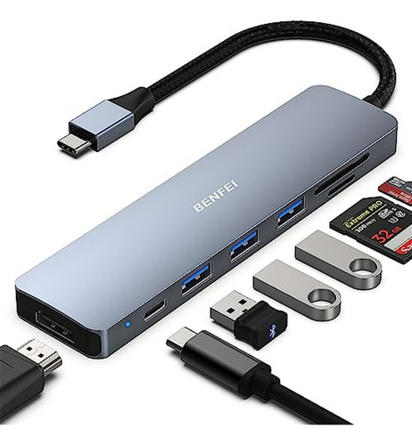 Adaptador Usb C 7 En 1 Con Hdmi Y Lector De Tarjetas Sd/tf, 