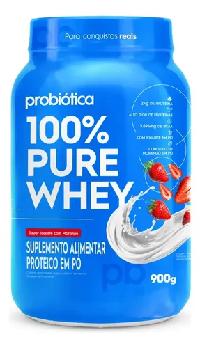 Whey Protein 100 Pure 900g Probiotica Whey Concentrado Sabor Iogurte De Morango