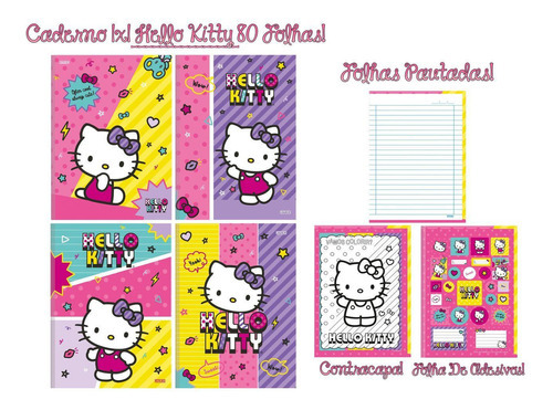 Kit 2 Cuadernos Hello Kitty Folleto 1/4 80fls + 1 Dibujo