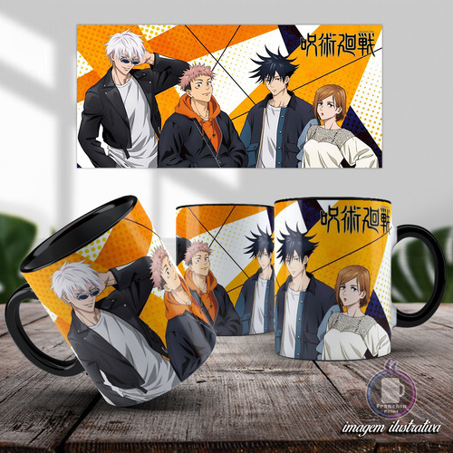 Caneca Jujutsu Kaisen Gojo Itadori Megumi Produto Geek Otaku Preto Jujutsu Kaisen