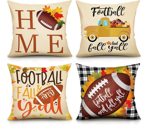 4 Fundas De Almohada De Fútbol De Otoño Algodón Y Li...