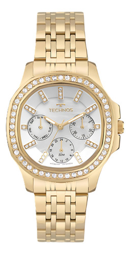 Relógio Technos Feminino Dourado St. Moritz 6P29AMF/1K com Pedras no Aro, Mostrador com Madrepérola, Pulseira de Aço Inoxidável, Multifunção, Resistente à Água 5ATM Sofisticado Elegante