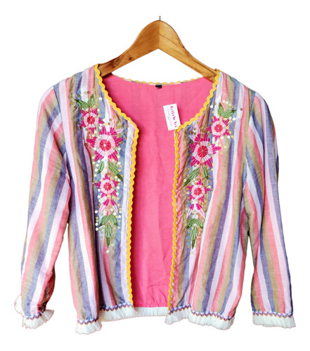 Campera Rayada Rosa Bordada Mujer 