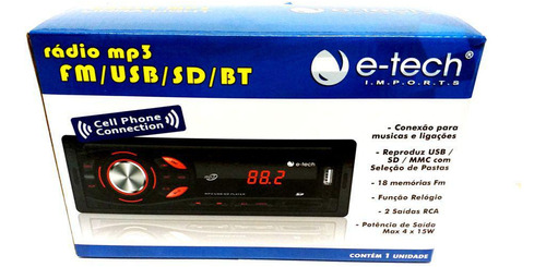 Radio Automotivo Mp3 Fm Usb Sd Bt Com Bluetooth E-tech Light