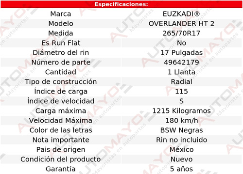 Euzkadi Llanta Overlander Ht 2 265/70r17 115s