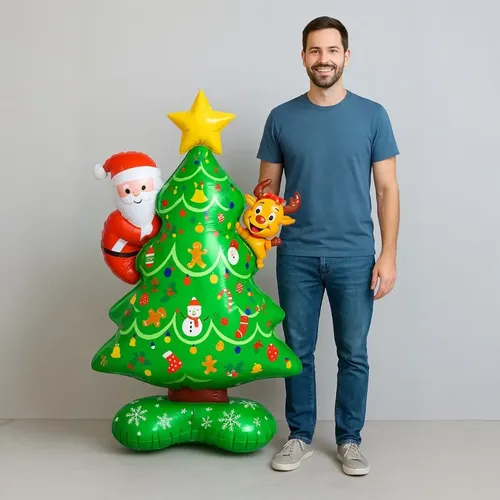 Árvore De Natal Inflável 1,25m Com Papai Noel E Rena Verde Decora...