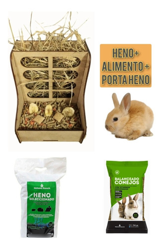 Heno + Conejin + Porta Heno Comedero Conejo Cobayo Roedores